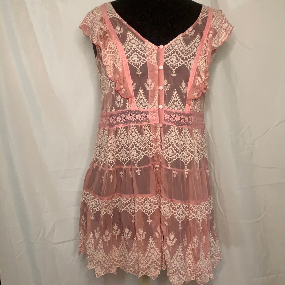 Johnny Was Pink Sheer Lace Overlay Tunic Dress